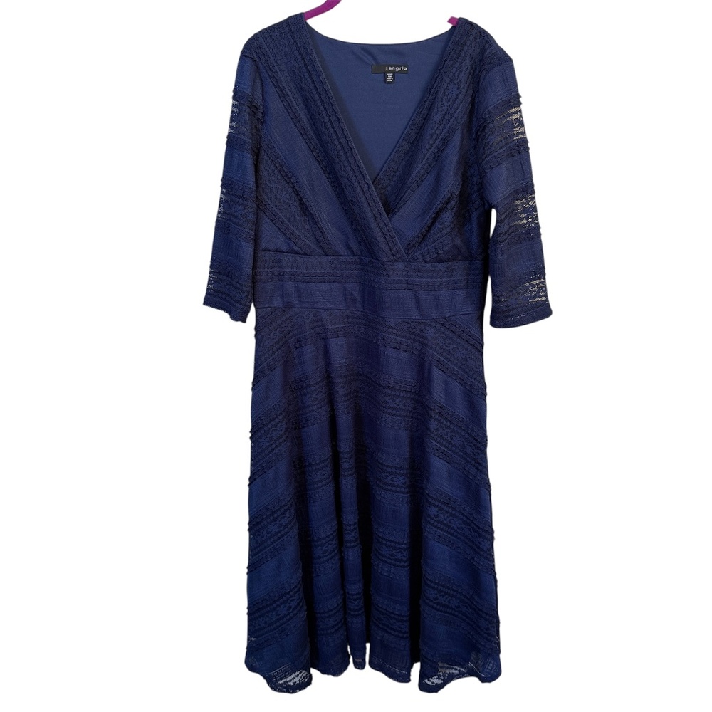 Sangria 14W Navy Lace Fit & Flare Dress‎ 3/4 Sleeve Midi Cocktail Party V-Neck